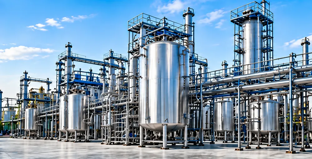 Industrial processing plant with stainless steel vessels