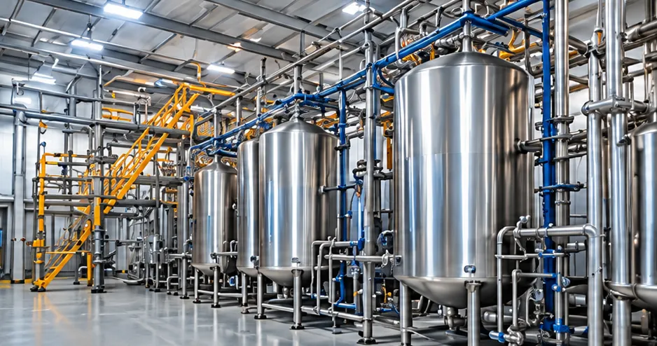 Stainless steel process tanks in a clean processing hall