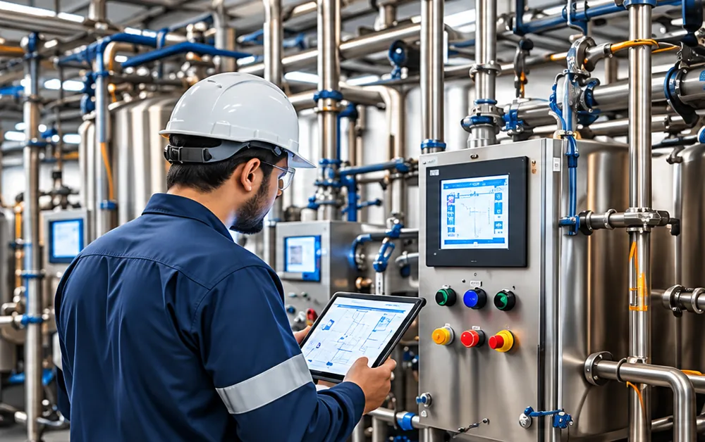 Dairon engineer checking a control panel on site