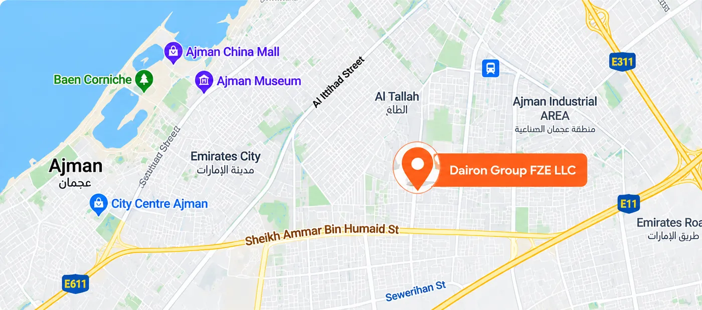 Map showing Dairon Group FZE LLC in Ajman, UAE