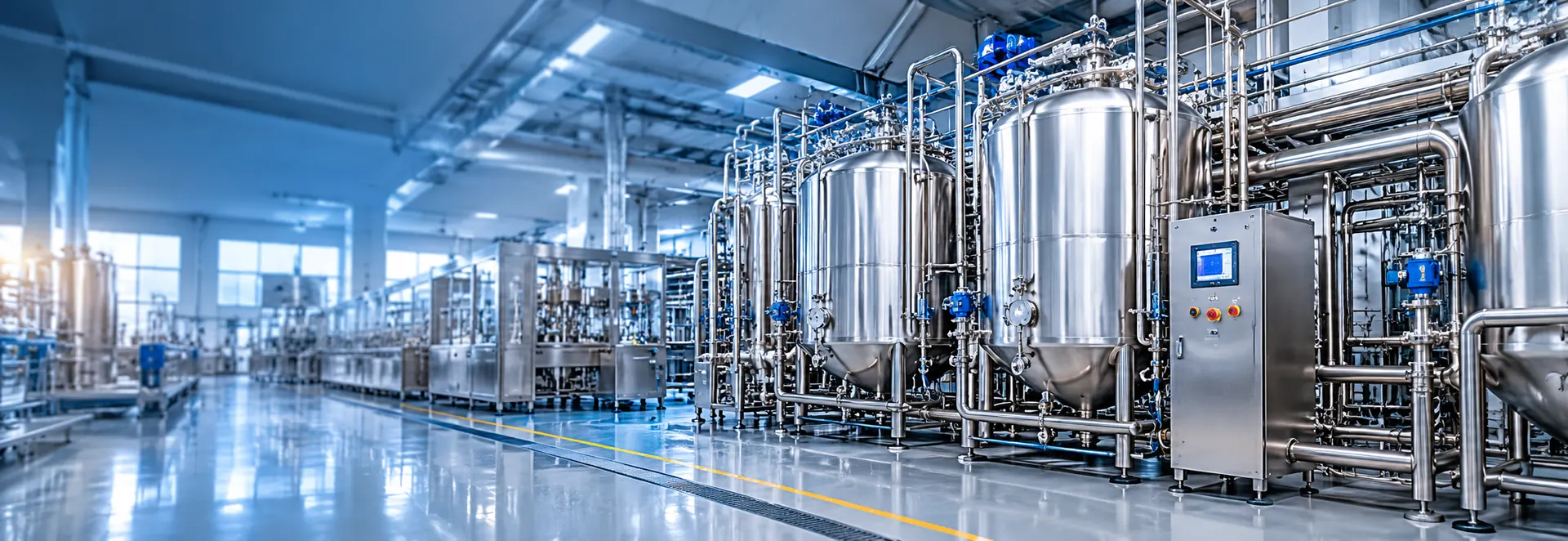 Stainless steel processing tanks and pipework in a dairy plant
