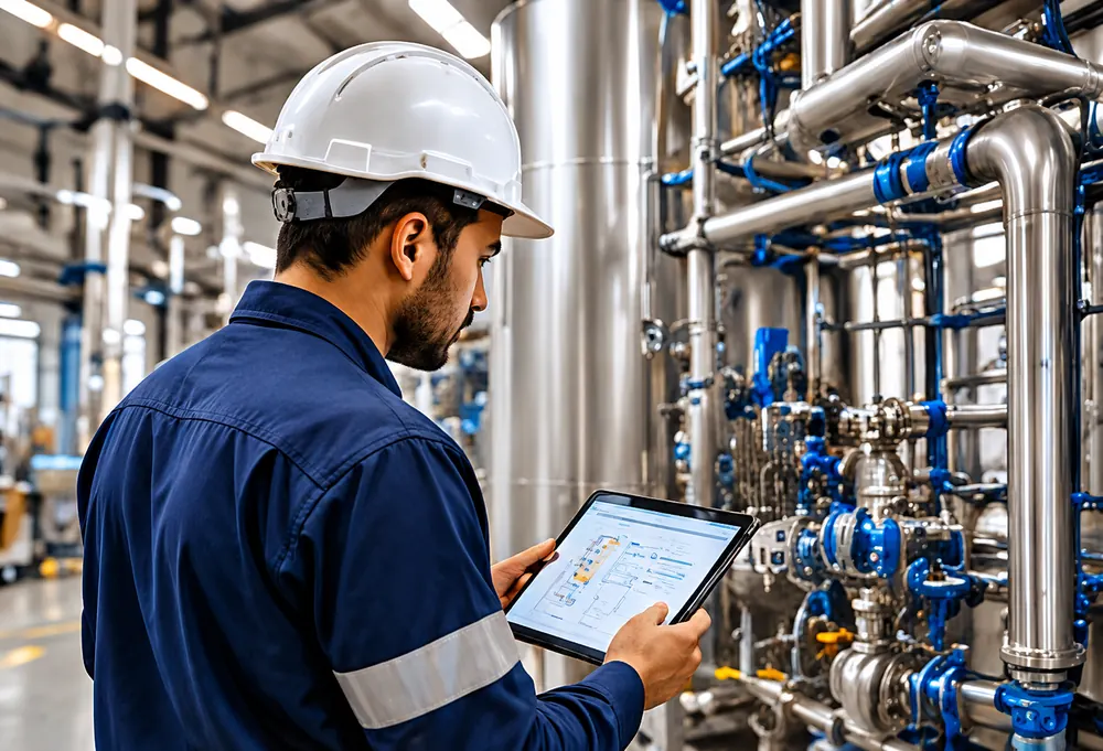 Dairon engineer reviewing a processing plant on a tablet